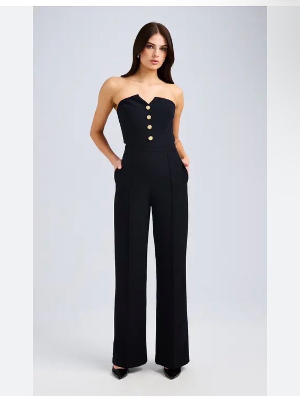 Generation Love Camilo Crepe Black Strapless Wide-Leg Jumpsuit with Gold Buttons